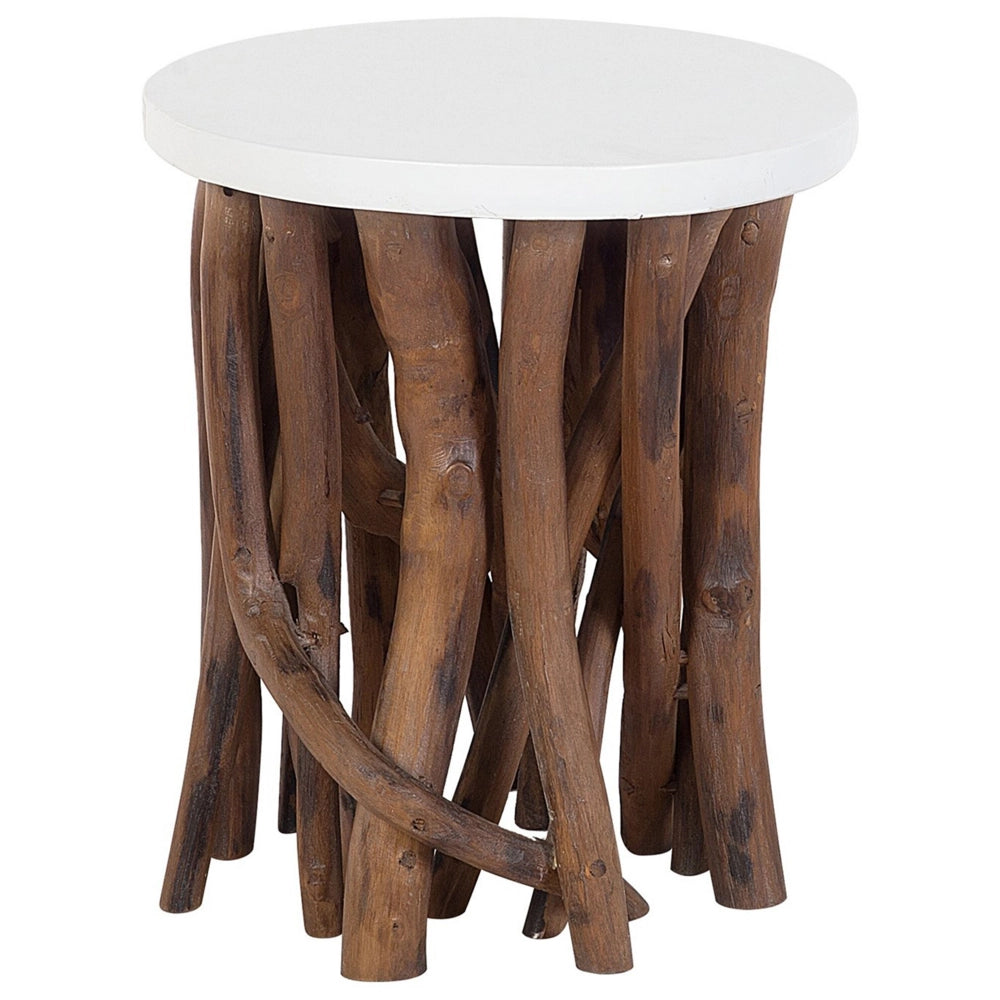 Tavolino Bianco Tondo Piano Legno Teak Scuro Ramo Di Albero Base Moderno Rustico Soggiorno Camera Da Letto