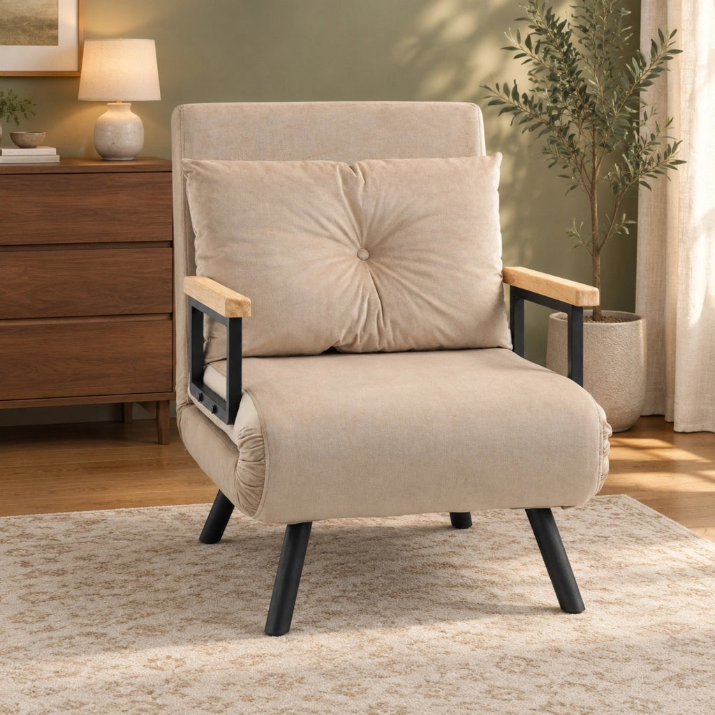 Poltrona letto beige in tessuto effetto velluto reclinabile