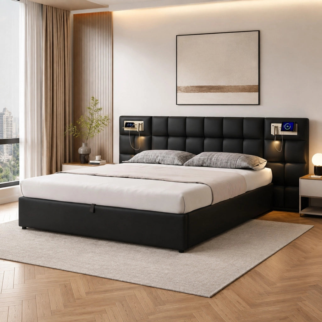 LETTO Imbottito 180 x 200 cm PU Nero con USB, ricarica wireless e luce