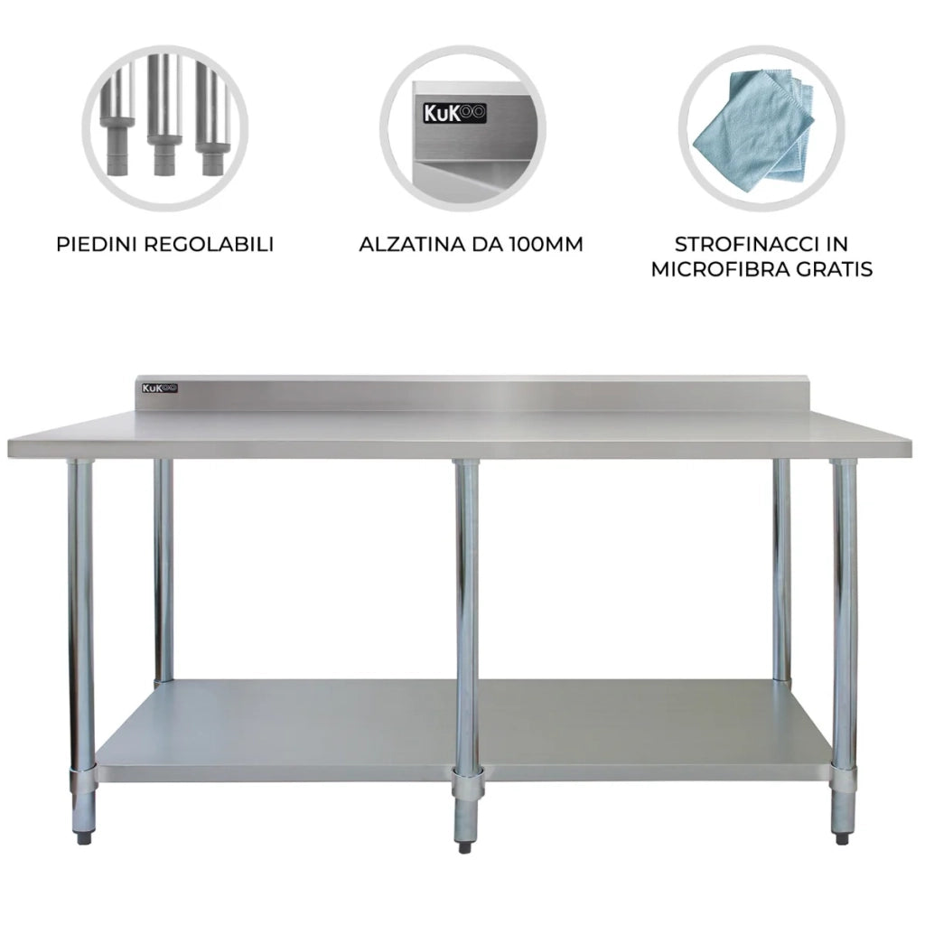 Tavolo in acciaio Inox da Cucina Commerciale Piano Cucina Ristorante - 210 cm
