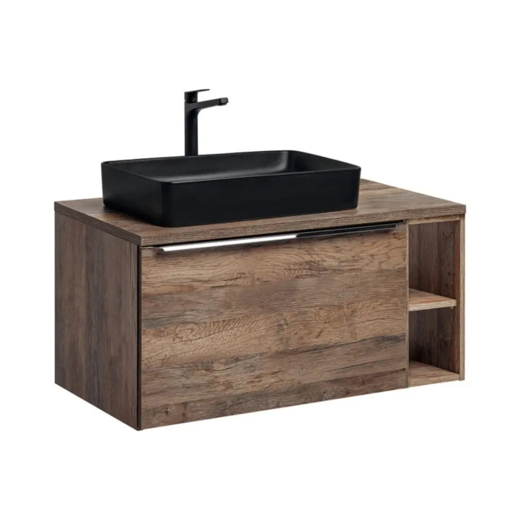 Set da bagno VANTA in quercia: mobile sotto lavabo 100cm + piano lavabo + 1 lavabo nero da appoggio