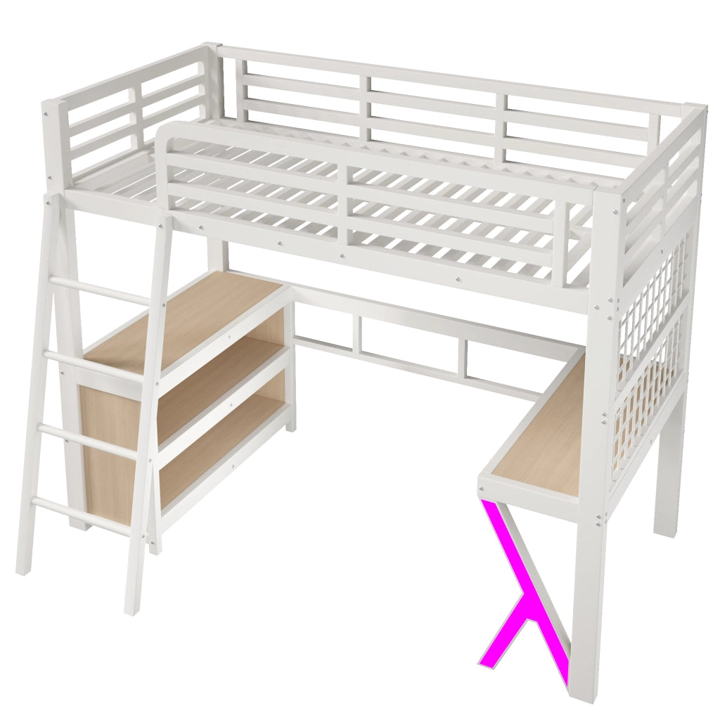 Letto a soppalco 90x200 cm con scrivania; armadio e striscia LED; in metallo e MDF bianco