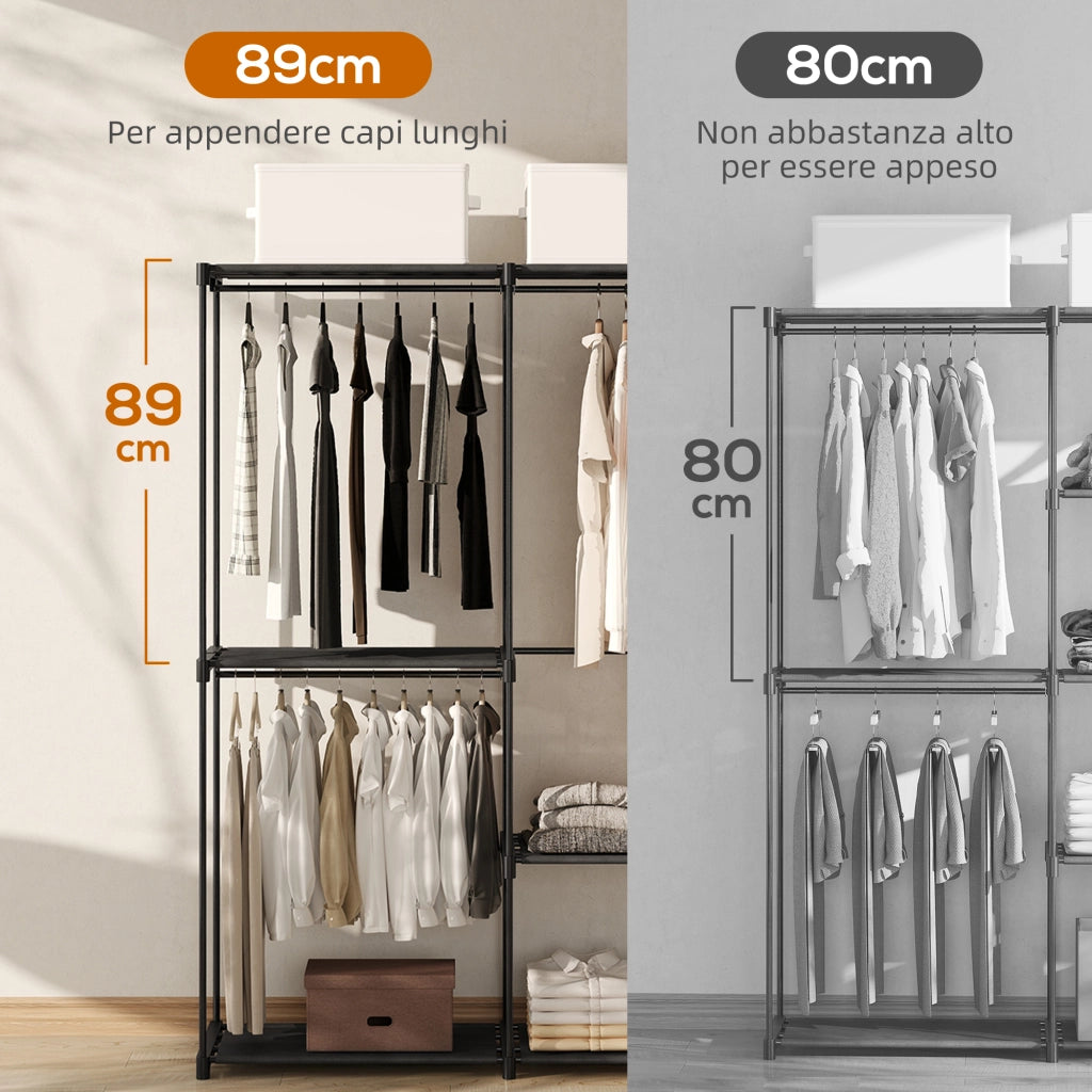 Armadio Guardaroba Portatile con 2 Aste e 6 Ripiani 111x43x185 cm in Tessuto Plastica e Acciaio Nero