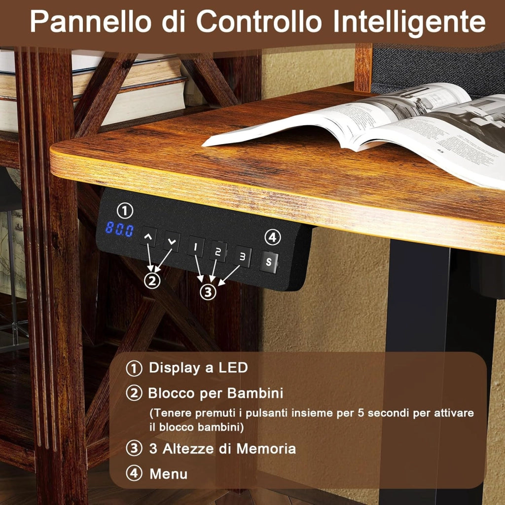 Scrivania Regolabile in Altezza con 2 Cassetti, Scrivania con Supporto per Monitor, Mensola, 2 Ganci e 3 Altezze Preimpostate, Tavolo da Lavoro per Ufficio, Studio e Camera da Letto (Marrone)