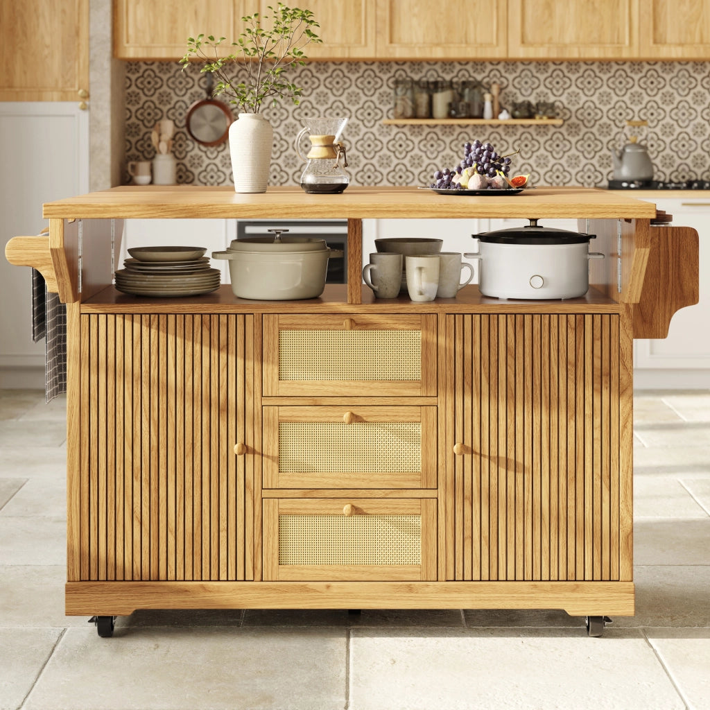 Carrello da cucina pieghevole con ripiani e cassetti in rattan
