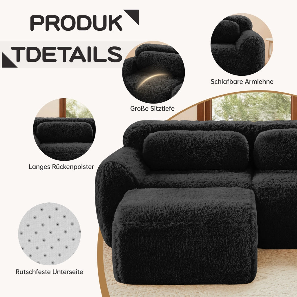 Divano angolare modulare 4 Posti con chaise longue, Design senza struttura, Cuscini, in Peluche Nero
