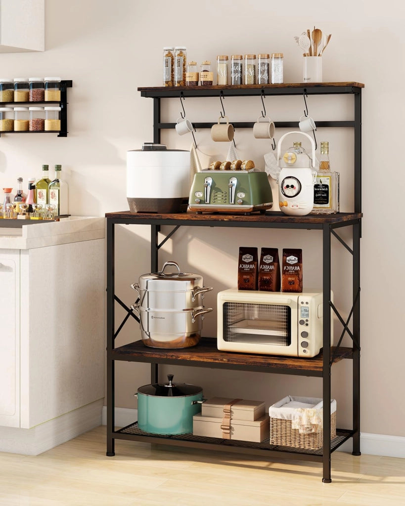 Scaffalatura, Scaffale Cucina, Scaffale a Piede, Scaffale per Microonde, Scaffale Spezie, Libreria con Protezione Anti-Ribaltamento, Mobile con 4 Ripiani, 8 Ganzi a S, 80x40x126cm, Marrone