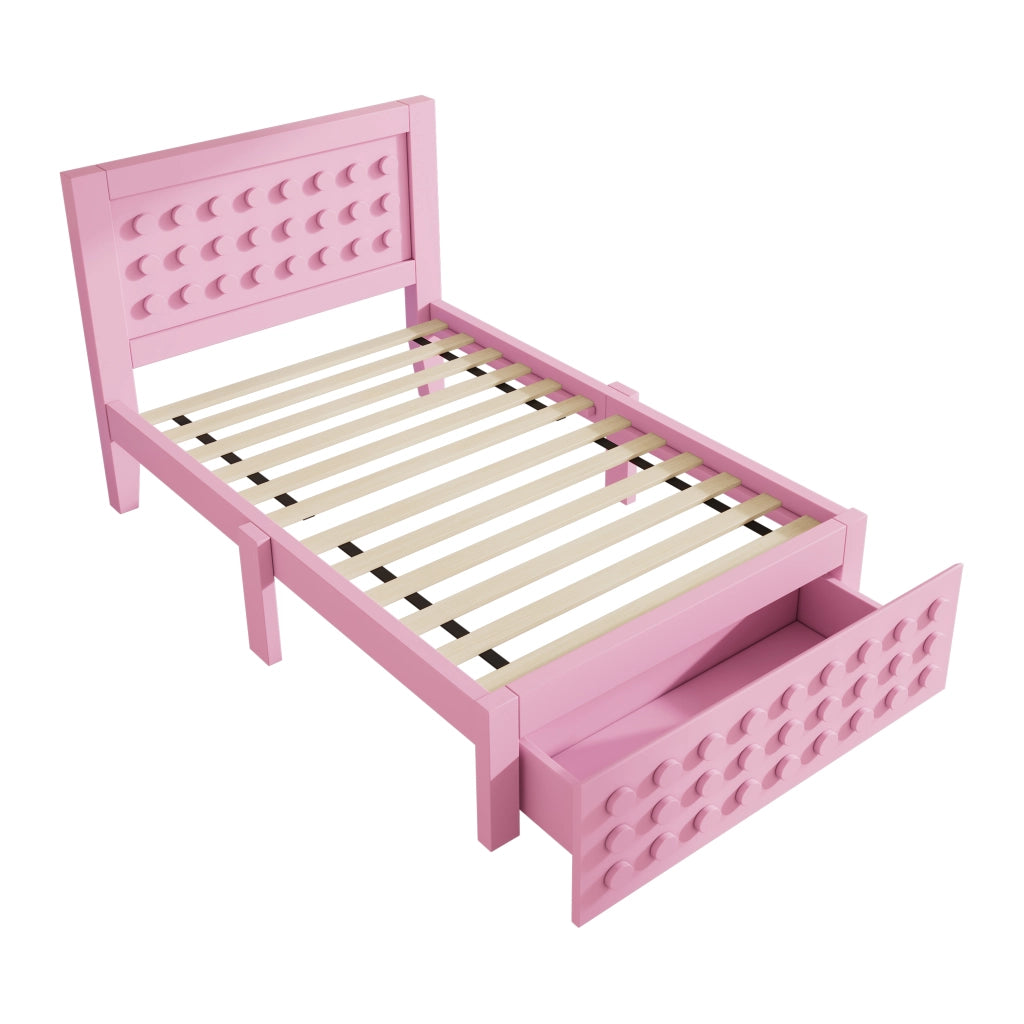 OKWISH Letto Bambini 90×200 cm, Letto Singolo con 1 Cassetto, Spazio contenitore sotto Letto e Bordi Smussati, senza Materasso, Legno, Rosa