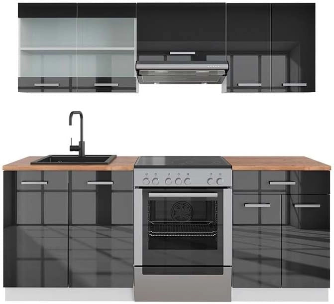 Cucina componibile R-Line, Antracite lucido/bianco, 200 cm, PL Rovere, adatto per l'espansione individuale con moduli aggiuntivi