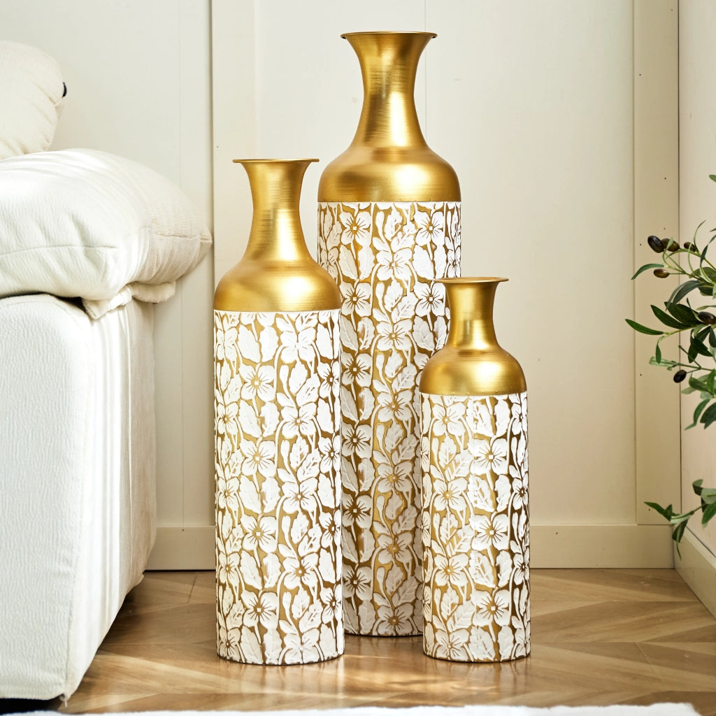 Fioriera a più livelli in metallo set da 3 con motivo floreale oro e bianco per soggiorno ingresso e ufficio