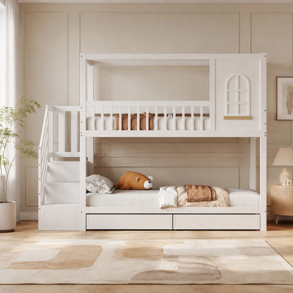 DESMIU Letto a castello bambino 90 × 200 cm 2 posti con 2 cassetti, 1 scala di sicurezza e senza materasso, in legno, bianco
