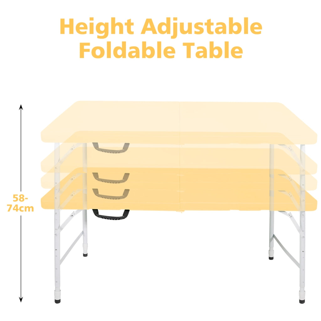 Tavolo pieghevole con altezza regolabile in ferro e plastica, per interni ed esterni, giallo 125 × 61 × 58-74 cm