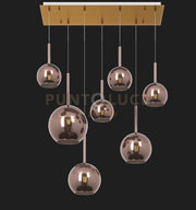 SOSP. OTTONE SAT. RETTANGOLARE 7 LUCI VETRI (1 GRANDE+2 MEDIO +4 PICCOLO) TUTTI RAME 1155OS-S7 RMIX-RA