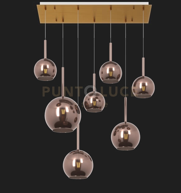 SOSP. OTTONE SAT. RETTANGOLARE 7 LUCI VETRI (1 GRANDE+2 MEDIO +4 PICCOLO) TUTTI RAME 1155OS-S7 RMIX-RA