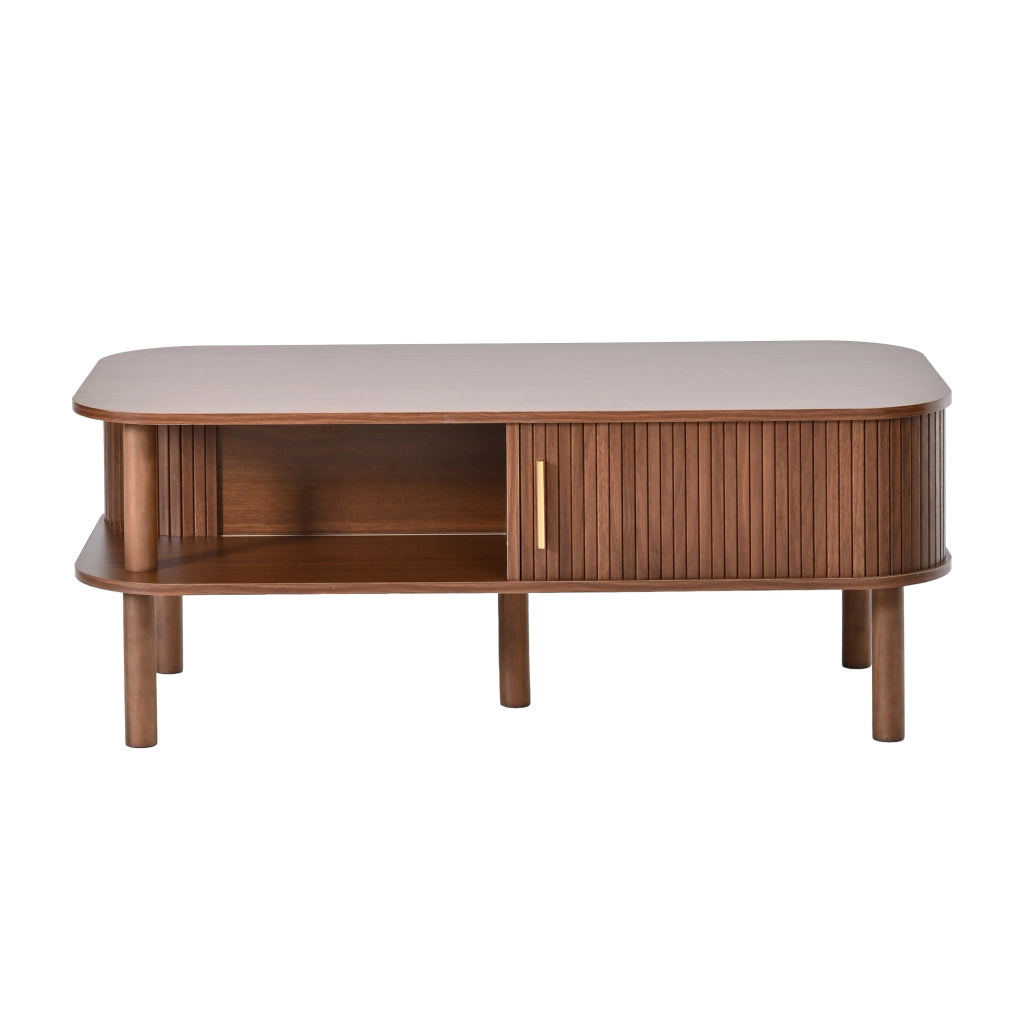 Tavolino, in MDF, con ante scorrevoli e ripiani a vista, 110 x 55 x 45 cm, color noce