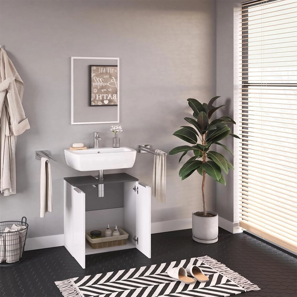 Set mobili bagno Otis, Bianco, 58 cm, composto da specchio da bagno e mobile sottolavabo