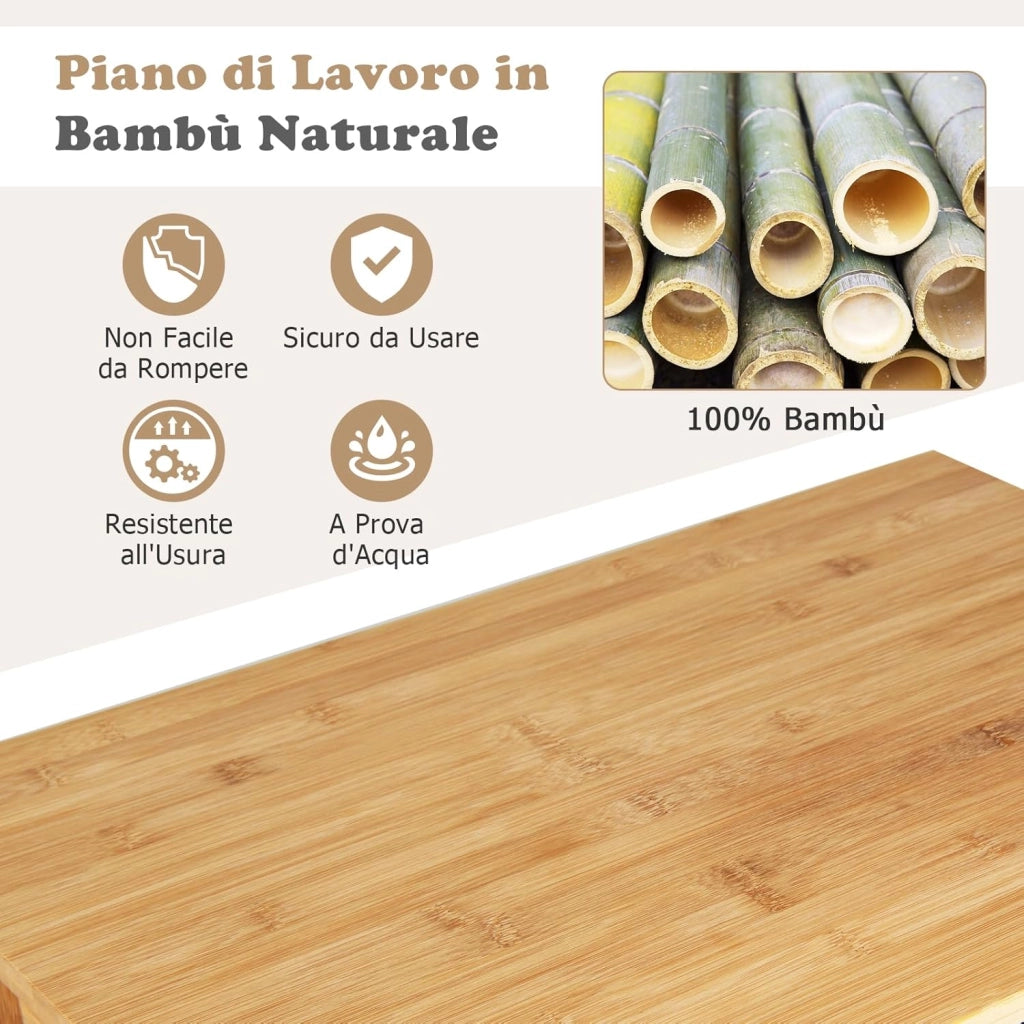 Carrello da Cucina con Ruote e Cassetto, Carrello Portaoggetti in Bambù con 2 Ripiani Aperti e Impugnatura, Carrello Bar da Cucina Sala da Pranzo Soggiorno (Bianco)
