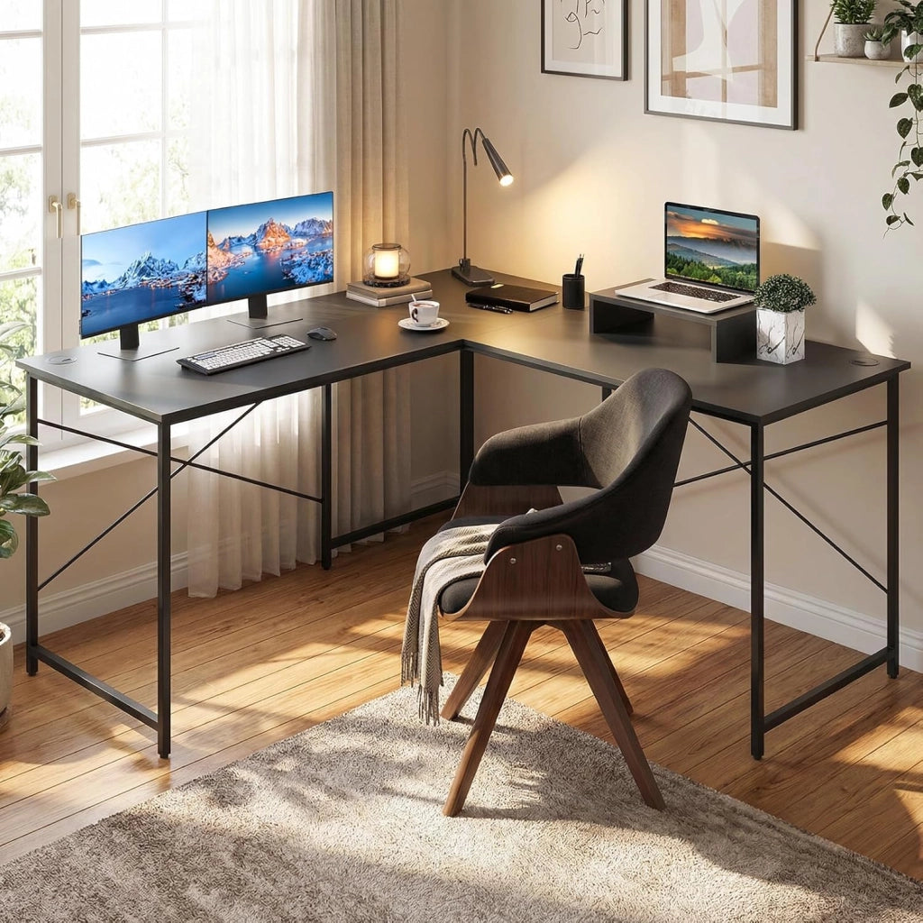 Scrivania angolare a forma di L, scrivania per computer reversibile, con supporto per monitor, 2 combinazioni, scrivania angolare per ufficio, tavolo da gioco (grigio)