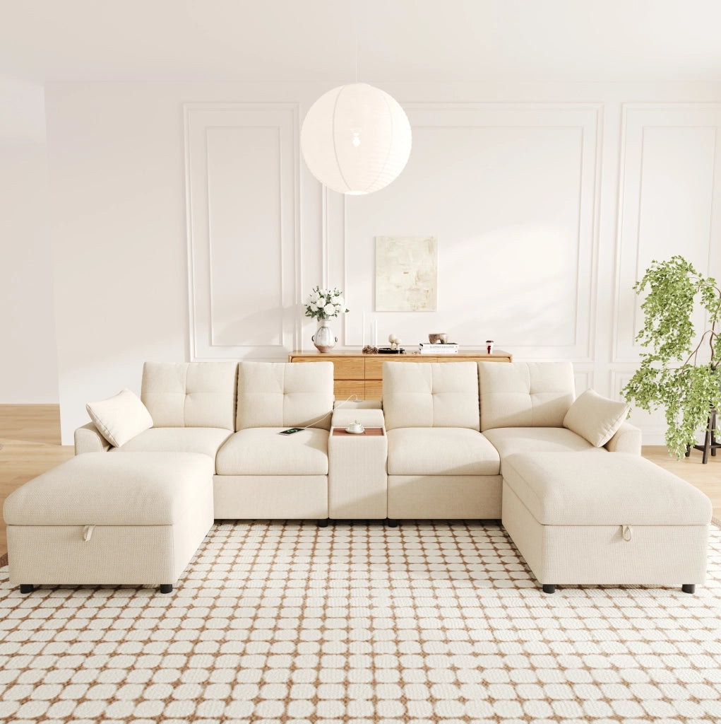 Divano angolare modulare 6 posti in ciniglia beige con USB