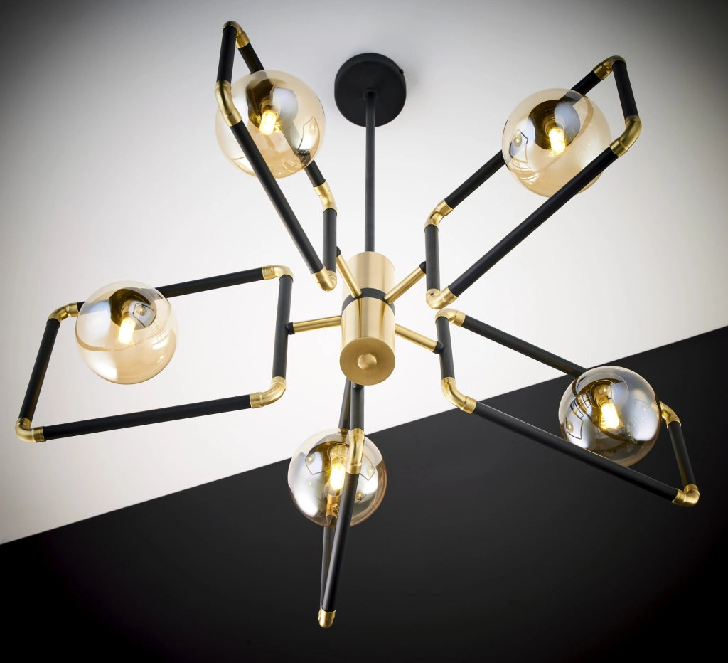 Lampadario moderno nero oro vetro ambra 5xG9 Jupiter
