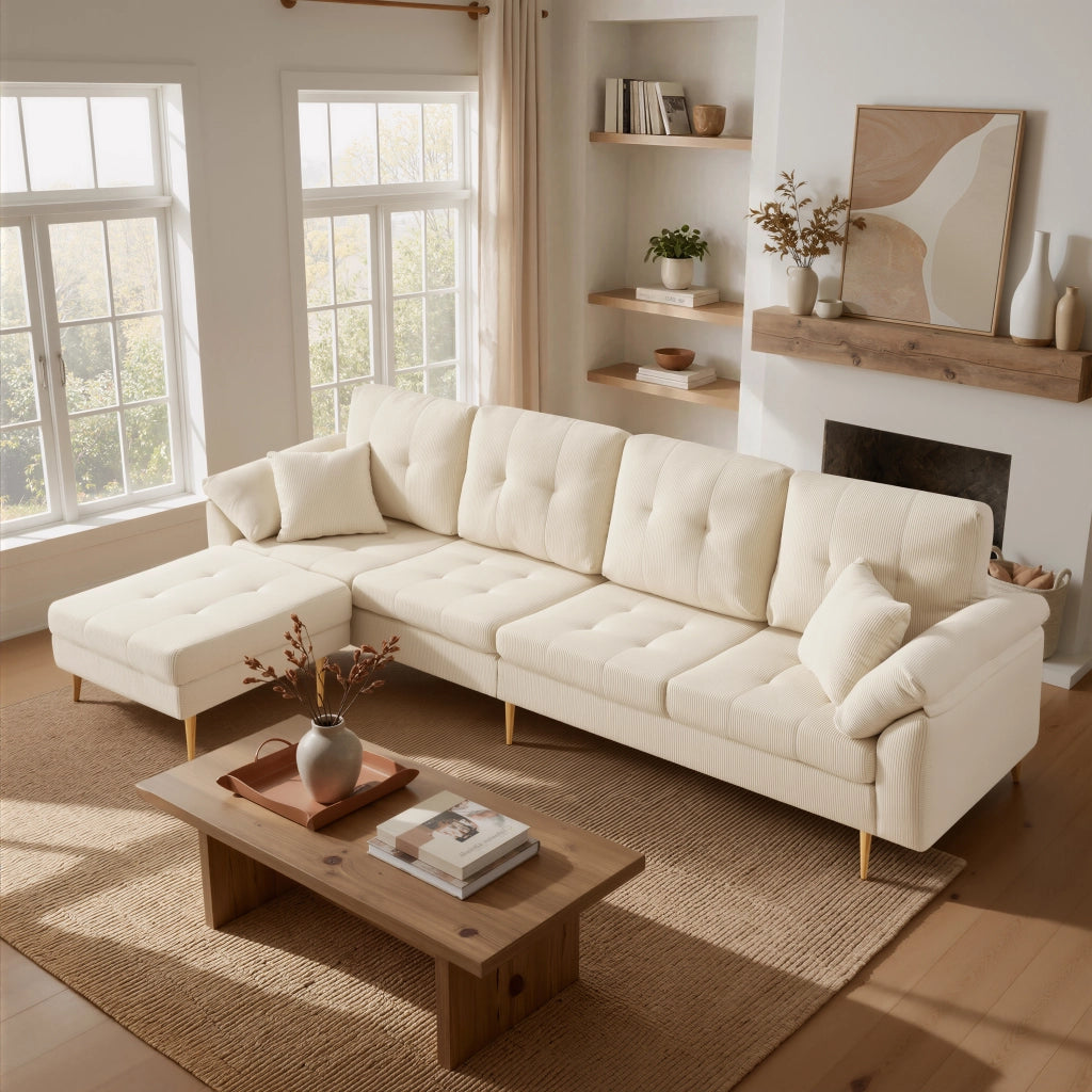 Divano 4 posti in velluto a coste con pouf modulabile; beige chiaro; 250 cm