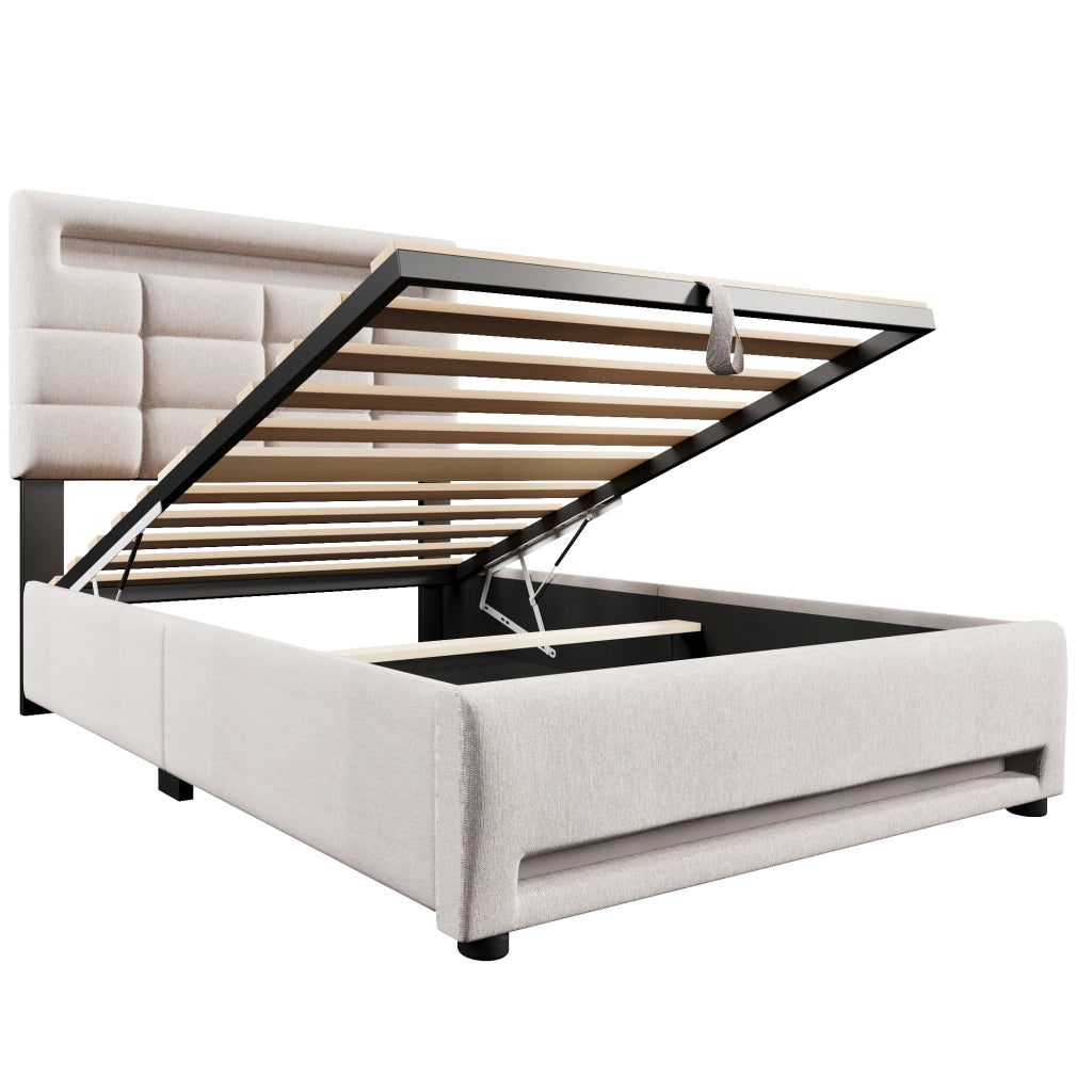 Letto imbottito 90x200 cm in lino beige con luci LED APP, USB e contenitore idraulico