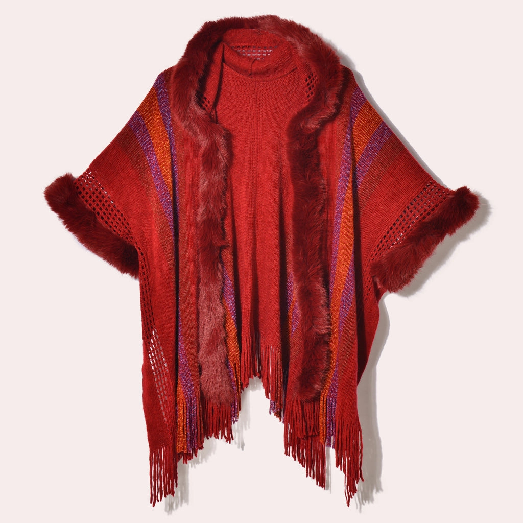 Nuovo maglione/scialle da donna con cappuccio e collo in pelliccia sintetica