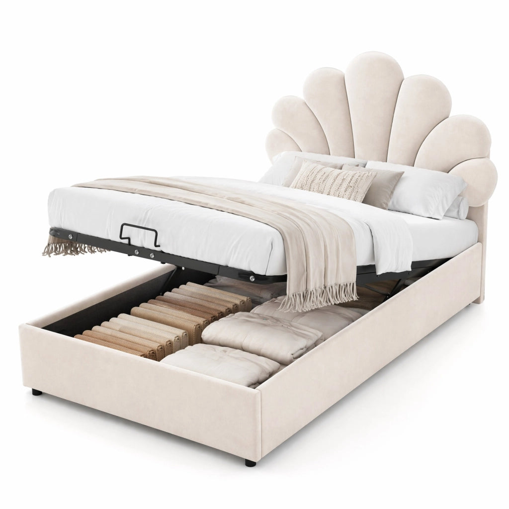 Letto singolo imbottito 90x200 cm beige con vano contenitore