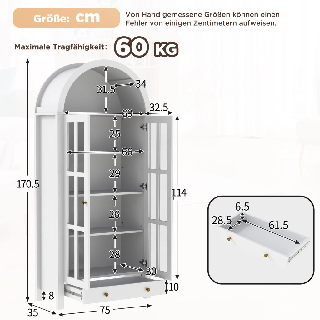 Vetrina moderna ad arco 75 x 35 x 170;5 cm con ripiani e cassetto; MDF; bianca