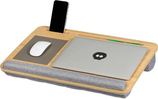 Cuscino per laptop con panno per il mouse e supporto per il telefono - supporto per il polso - 10x55x36 cm - natura/grigio