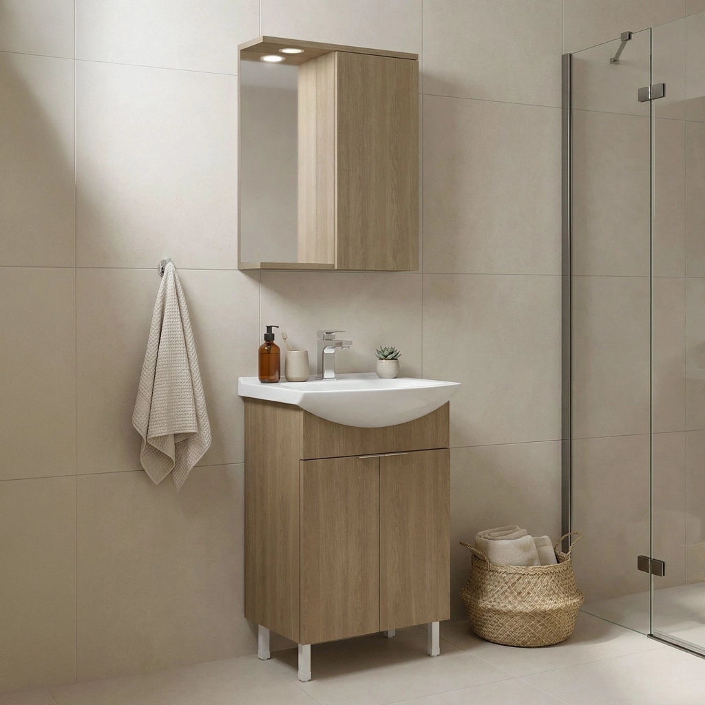 Set mobile lavabo con specchio (2 pezzi) "Purus 55" - 55 x 50 x 83 cm - Rovere