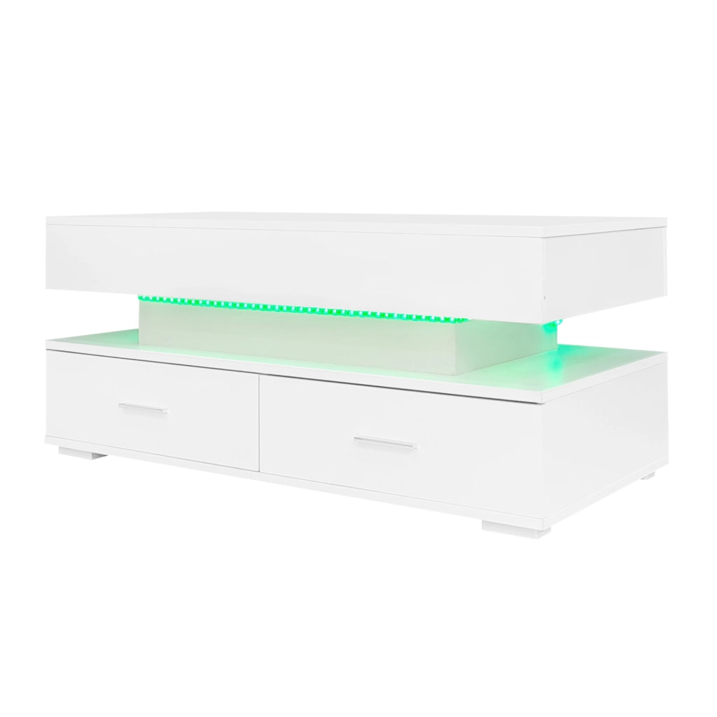 Tavolino da caffè sollevabile 100x50x44 cm bianco con LED; 2 cassetti e vano a vista