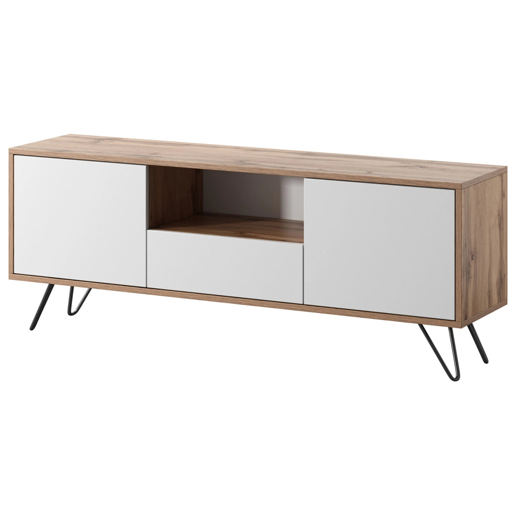 Mobile TV Con 2 Ante Battenti Anta A Ribalta E Vano A Giorno Mobile Porta TV Design Minimal Moderno Per Soggiorno Salotto Zona Living Sala Da Pranzo 137 X 52 X 33 Cm Rovere E Bianco