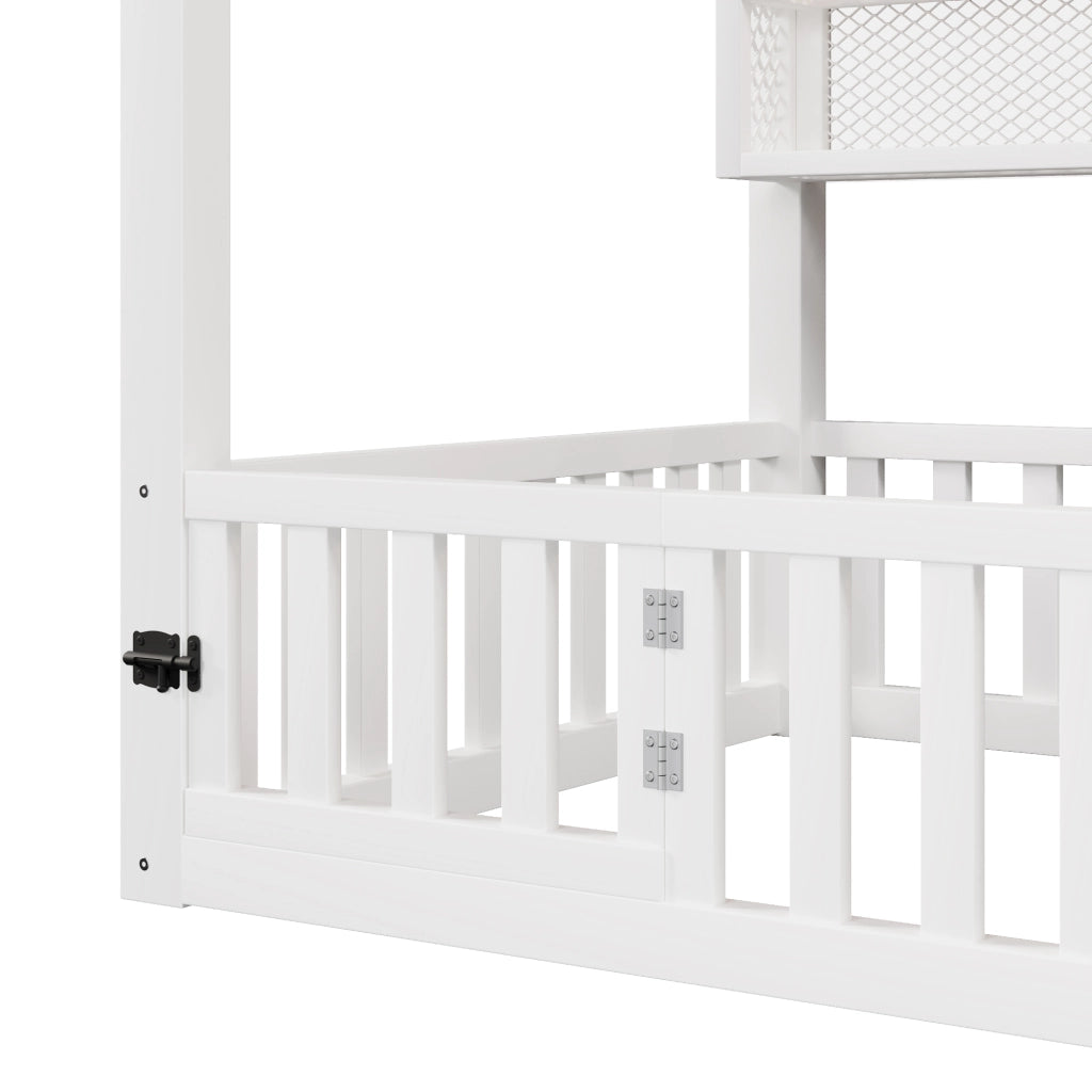 Letto singolo a piattaforma 90x200 cm a forma di casa con barriera e LED bianco