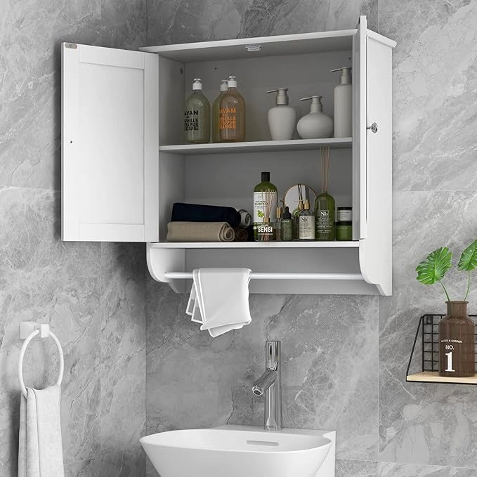 Mobile da Bagno Sospeso, Armadietto da Parete con 2 Ante Barra Porta Asciugamani e Ripiano Regolabile, Salvaspazio Stile Moderno, 60 x 21 x 61 cm (Bianco)