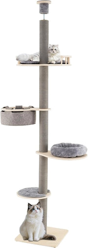 Albero per Gatti da Pavimento a Soffitto con Altezza Regolabile 236-271 cm, Tiragraffi per Gattini in Legno a 5 Livelli con Ripiano, Letto Peluche, Amaca e Pali Tiragraffi, Mobile per Gatti da Interno