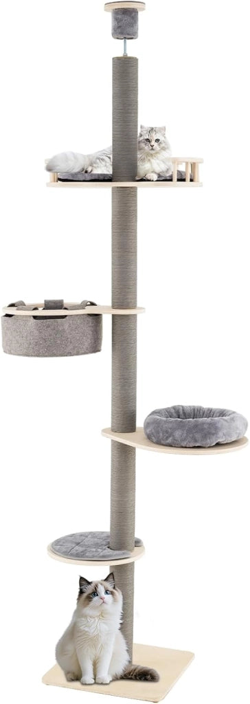 Albero per Gatti da Pavimento a Soffitto con Altezza Regolabile 236-271 cm, Tiragraffi per Gattini in Legno a 5 Livelli con Ripiano, Letto Peluche, Amaca e Pali Tiragraffi, Mobile per Gatti da Interno