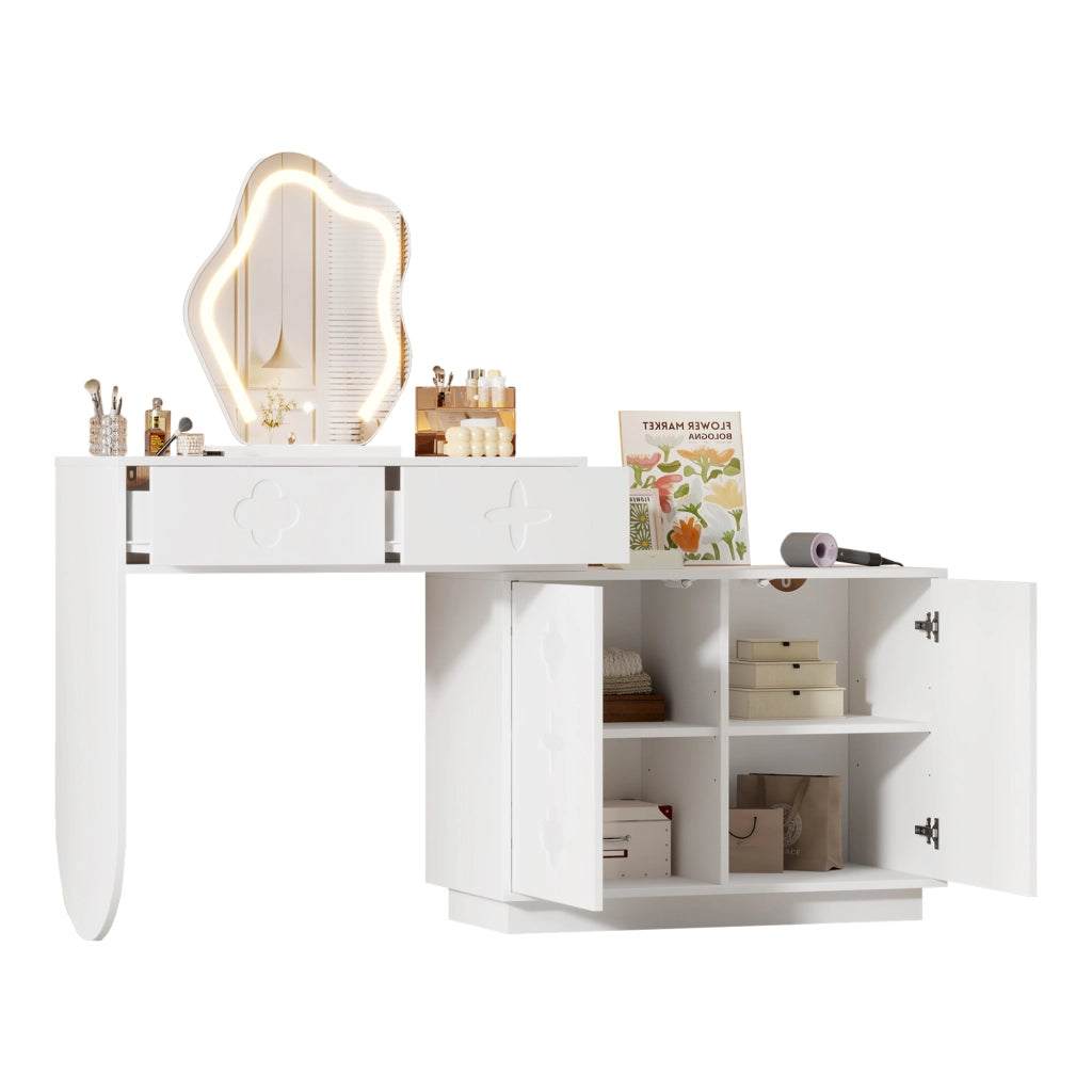 Tavolo da trucco con specchio LED, 2 cassetti e armadietto laterale con 4 scomparti, bianco, 160x40x132 cm