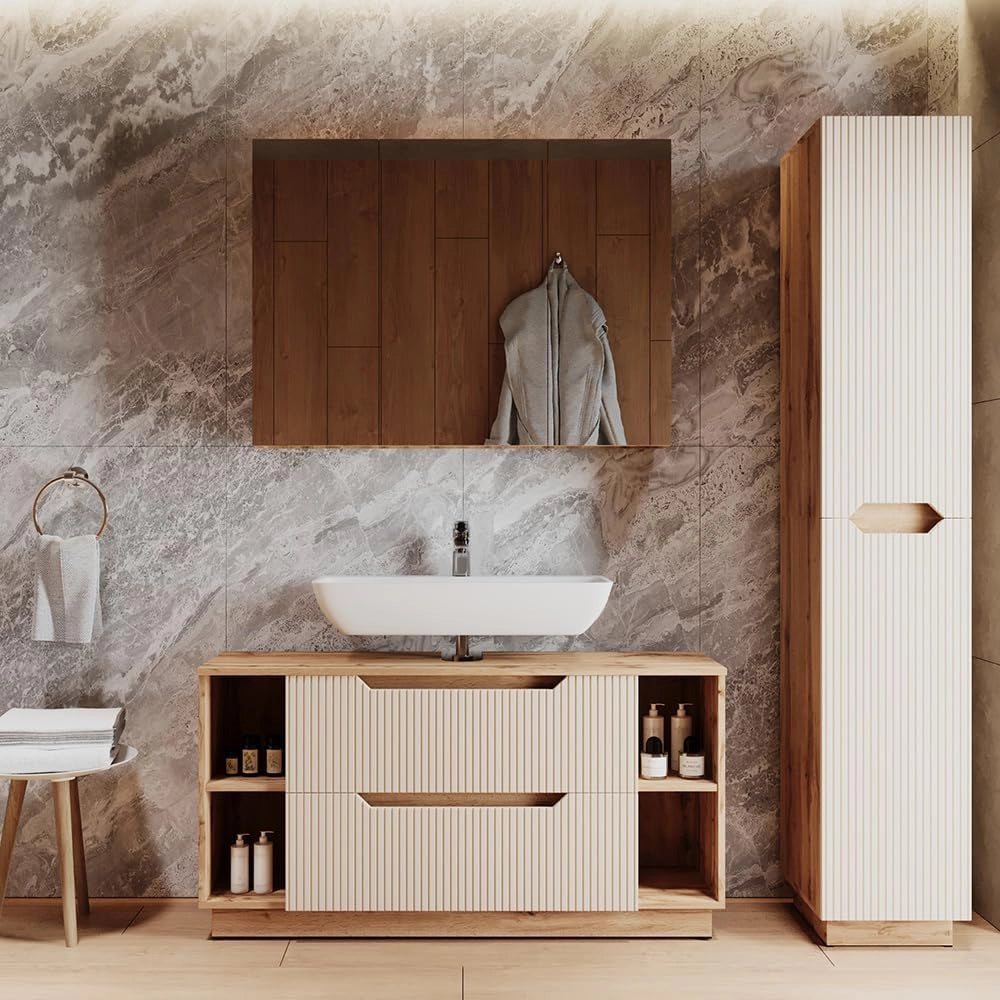 Set di mobili da bagno Lotta, Rovere/cashmere a righe, 3 parti
