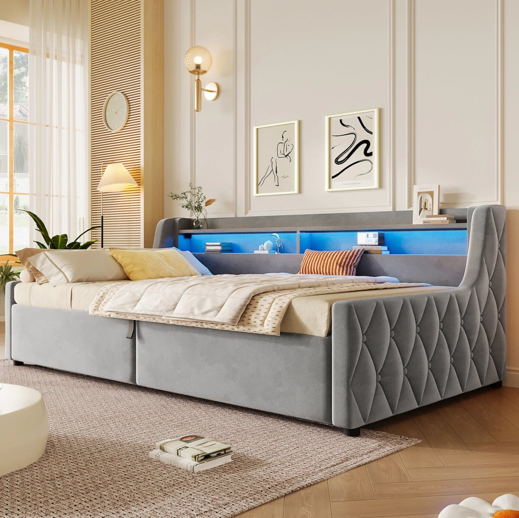 Letto imbottito ULEVR 90x200 cm con contenitore e testiera LED multicolore, grigio
