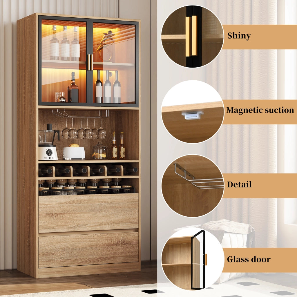Mobile con ante in vetro; LED e cassetti - per bagno - in MDF - naturale - 180 cm