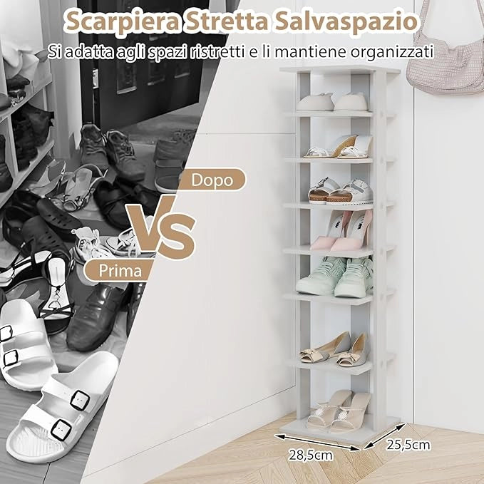 Scarpiera a 7 Ripiani, Scaffale Portascarpe in Legno con 2 Ripiani di Diverse Altezze, Scaffale Portaoggetti Multifunzione per Ingresso Soggiorno Camera da Letto, 28,5x25,5x110 cm (Grigio)