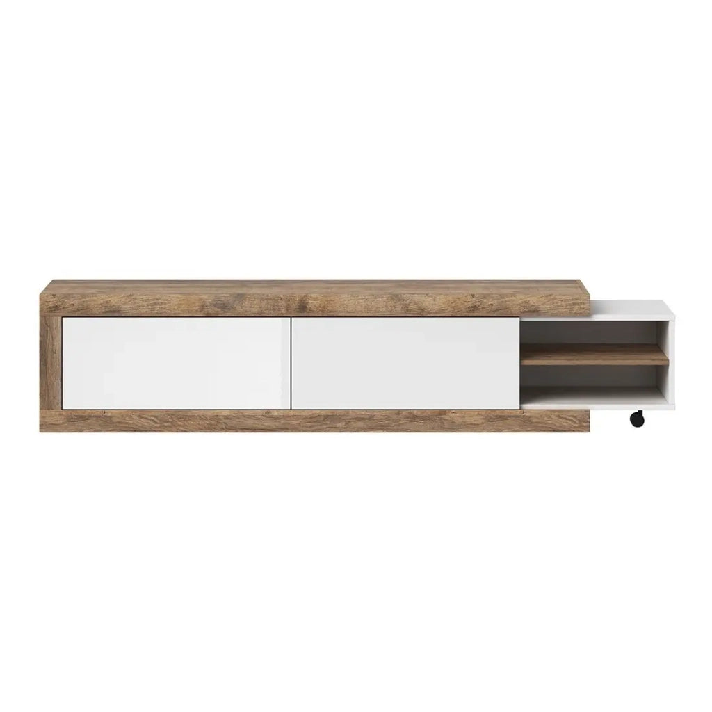 Mobile TV estensibile SINATRA – Rovere e bianco lucido – 2 porte + nicchie – L200 a 240 x H43,4 x P40 cm