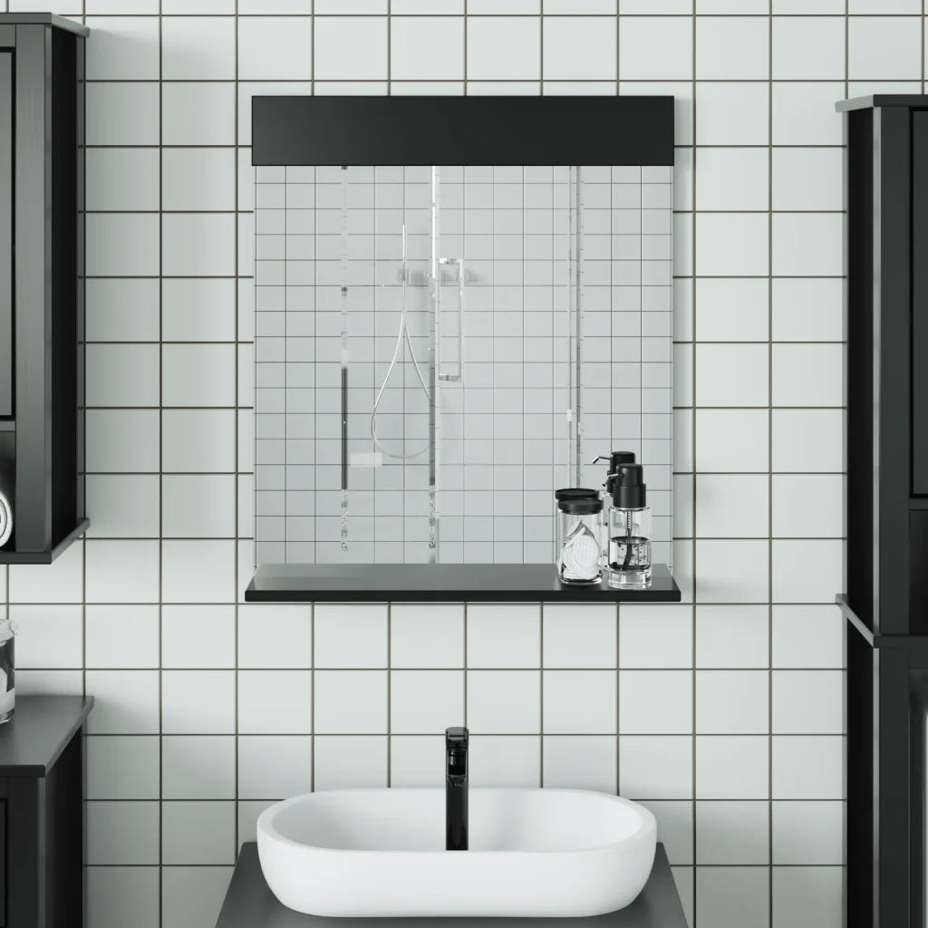 Specchio Bagno e Ripiano BERG Nero 60x12x70 cm Legno Massello 358559