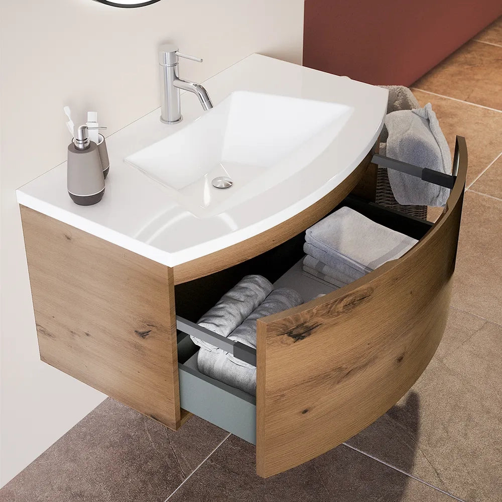 Mobile sospeso 100 cm rovere oro con un cassetto e lavabo in ceramica, frontale curvo | Lula