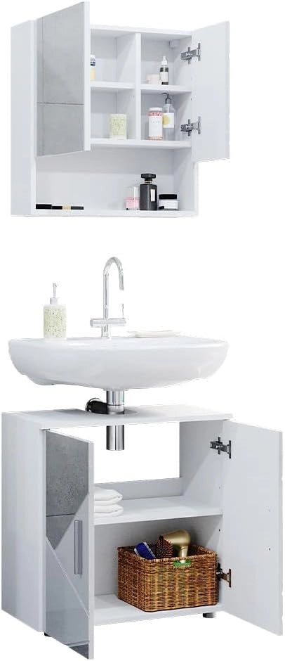 Set mobili bagno Irma, Bianco lucido con inserti, 80 cm, composto da specchio da bagno e mobile sottolavabo