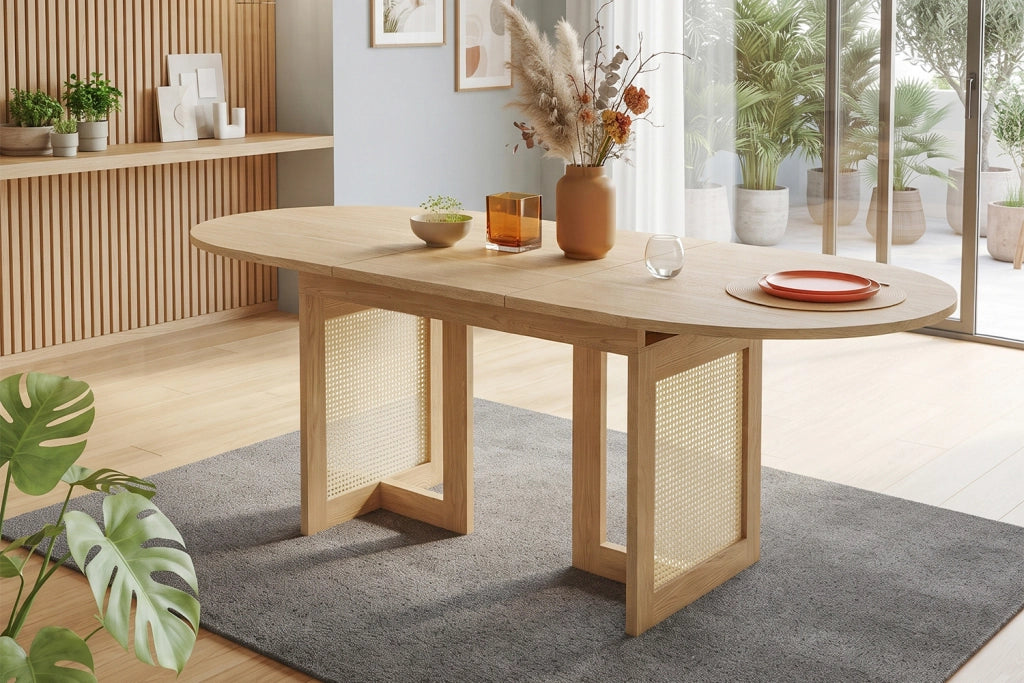 Tavolo allungabile per 6-8 persone con angoli arrotondati e dettagli effetto rattan, in MDF, rovere