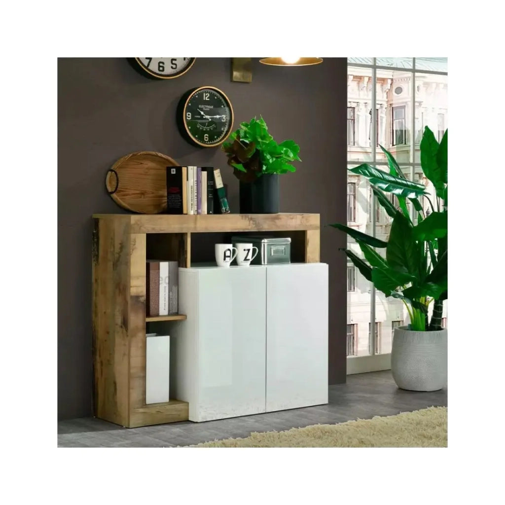 Buffet 2 porte collezione BURA, colore bianco lucido laccato e rovere chiaro