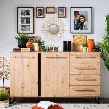 MOBILE CREDENZA IN LEGNO TRUCIOLARE BILAMINATO COLORE ROVERE ARTIGIANO E NERO CM 159 X 42 X 92,5 H OKX