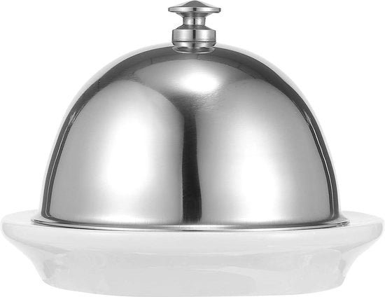 Botte per ceramica con coperchio in acciaio inossidabile e sterrario in vetro - botte per burro rotonda, contenitore per formaggio e burro con coperchio, scaffale per alimenti.